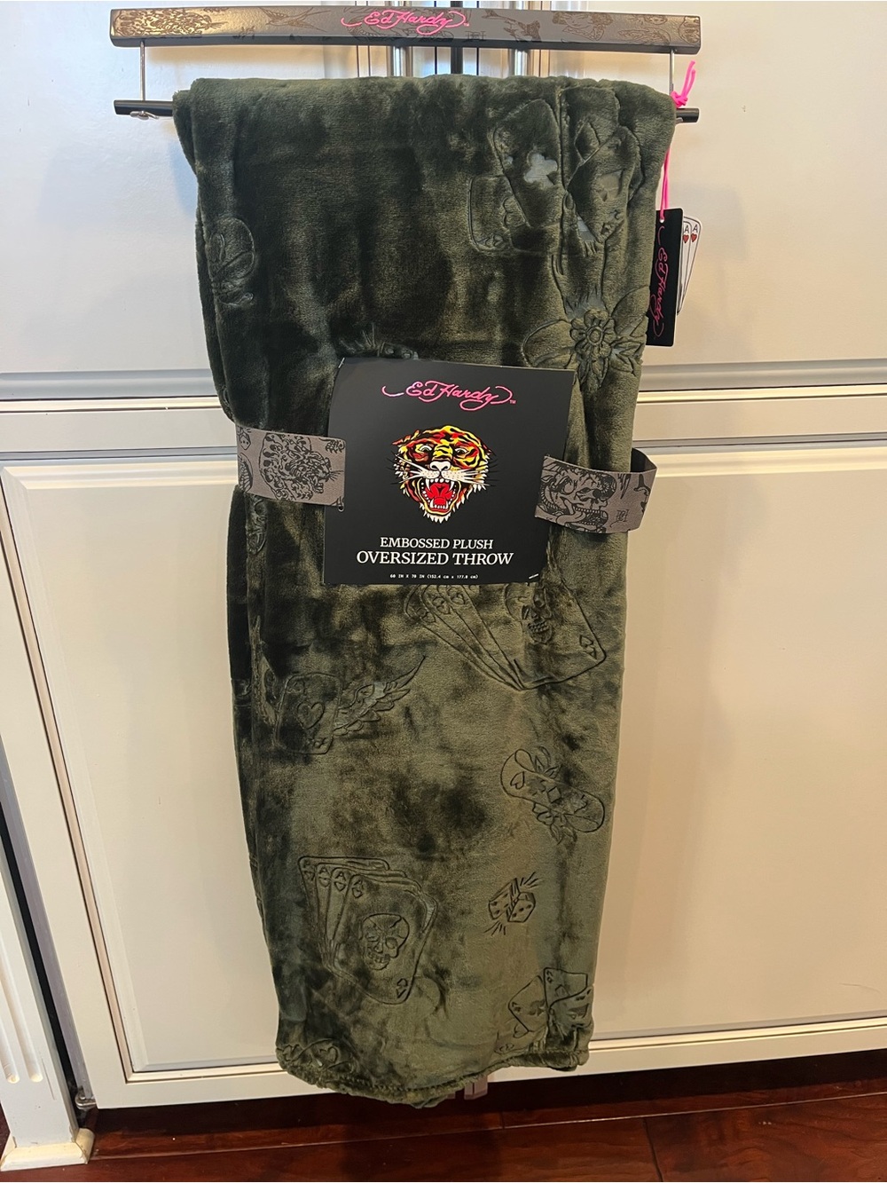 Ed Hardy Embossed Plush Oversized Throw Blanket- Olive Green